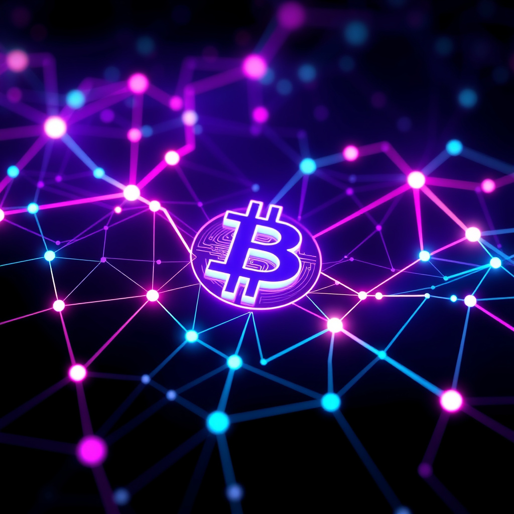 Blockchain network visualization, synthwave colors, glowing digital connections, dark background,... (generated by AI)