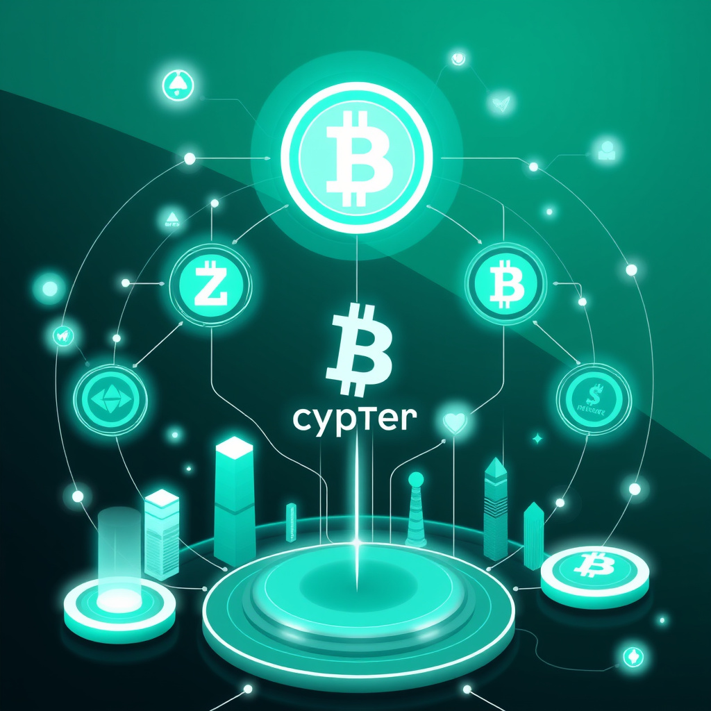 Digital cryptocurrency ecosystem visualization, teal and mint colors, modern abstract art, glowin... (generated by AI)