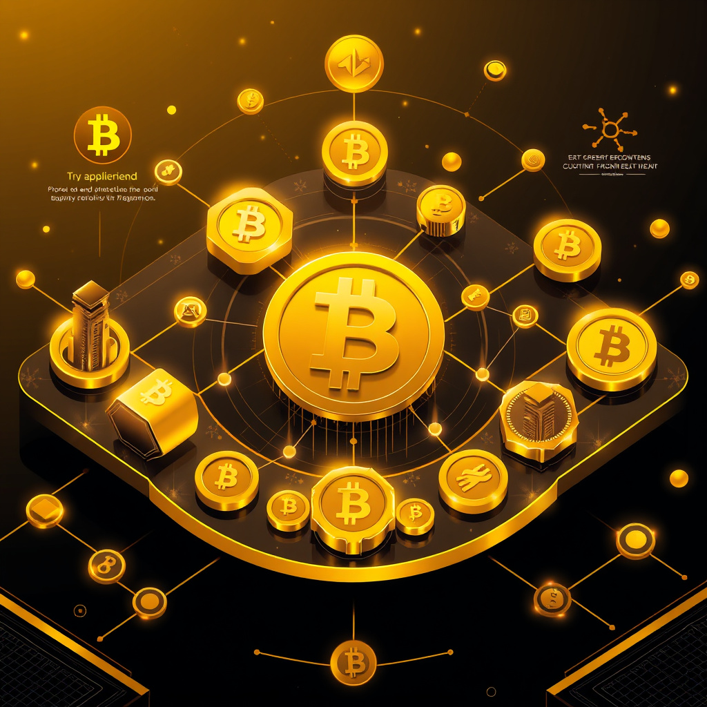 Digital cryptocurrency ecosystem visualization, gold and black theme, modern abstract art, glowin... (generated by AI)
