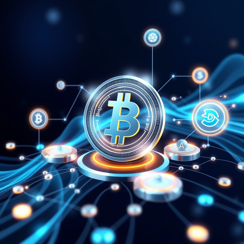 Digital cryptocurrency ecosystem visualization, silver and blue accents, modern abstract art, glo... (generated by AI)