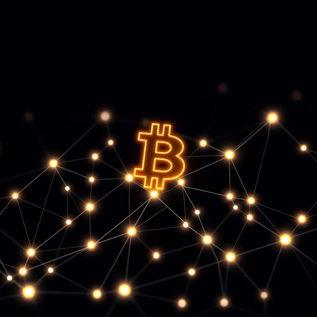 Blockchain network visualization, glowing gradients, glowing digital connections, dark background... (generated by AI)