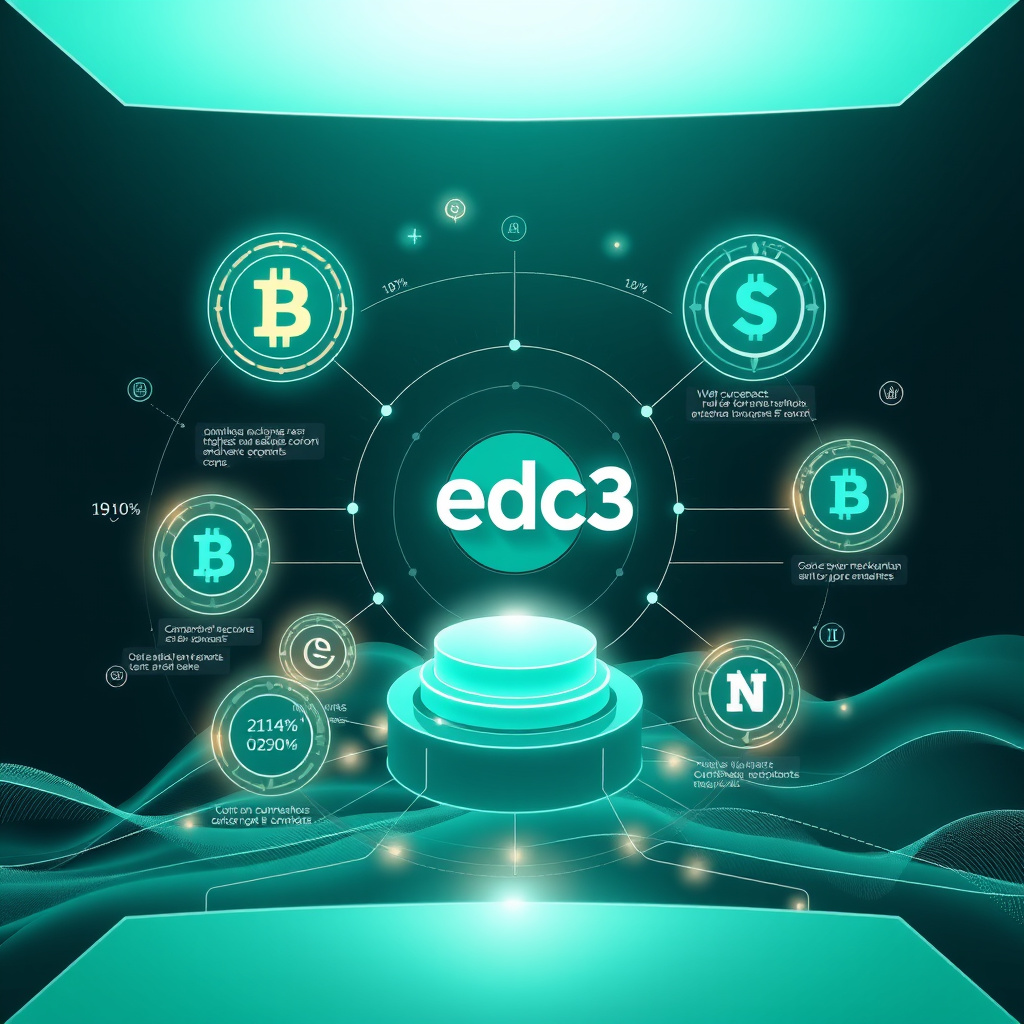 Digital cryptocurrency ecosystem visualization, teal and mint colors, modern abstract art, glowin... (generated by AI)