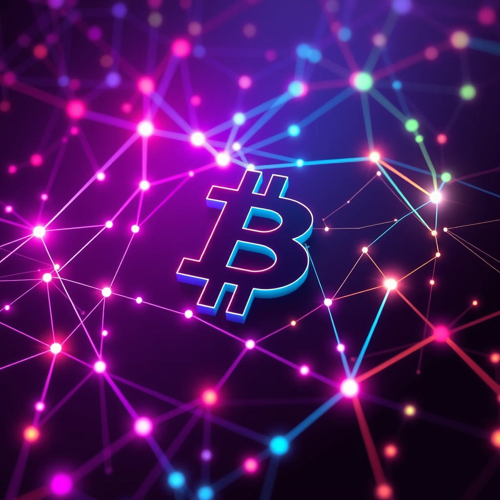 Blockchain network visualization, synthwave colors, glowing digital connections, dark background,... (generated by AI)