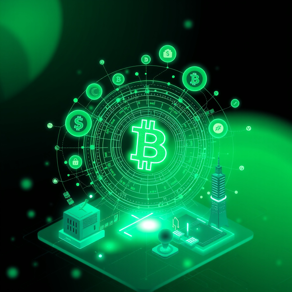Digital cryptocurrency ecosystem visualization, green and cyan tones, modern abstract art, glowin... (generated by AI)