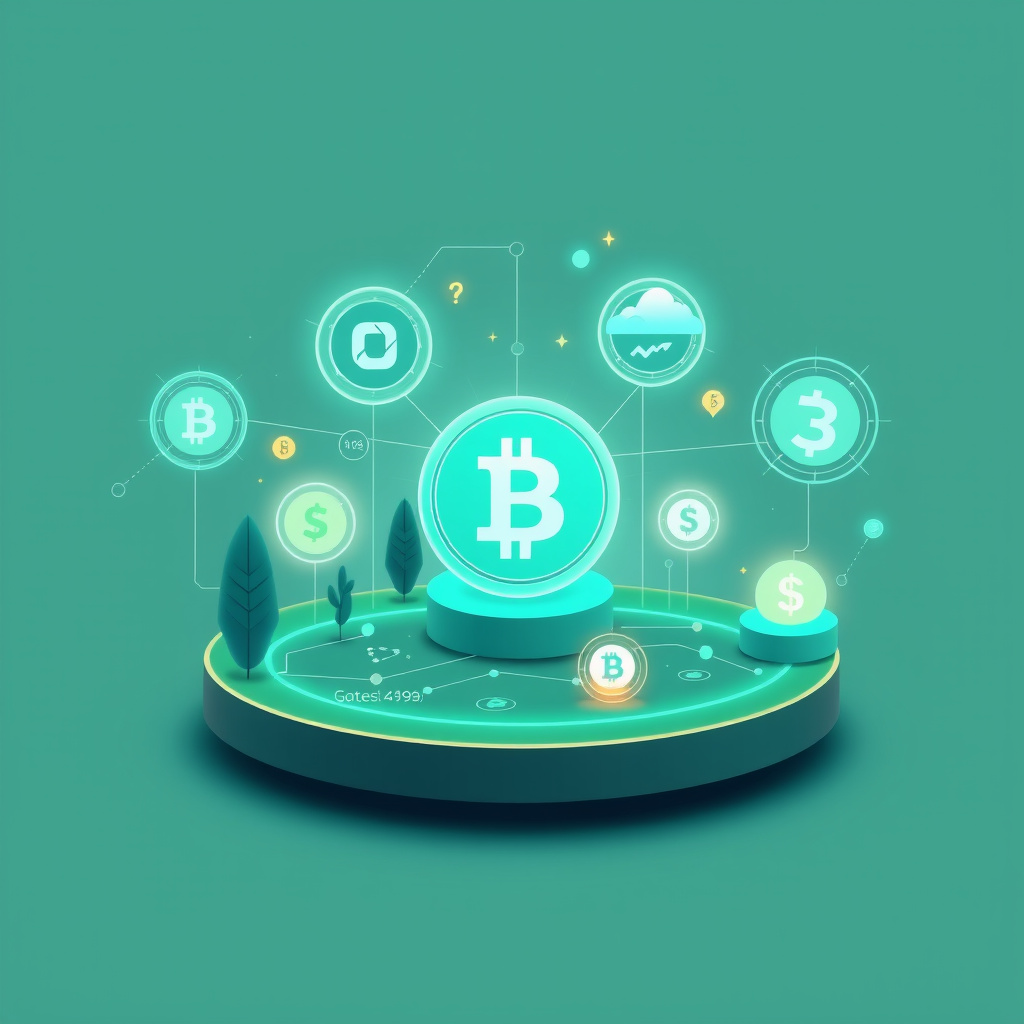 Digital cryptocurrency ecosystem visualization, teal and mint colors, modern abstract art, glowin... (generated by AI)