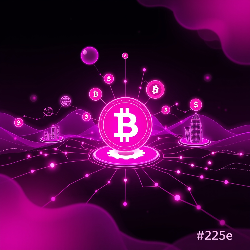 Digital cryptocurrency ecosystem visualization, pink and purple hues, modern abstract art, glowin... (generated by AI)