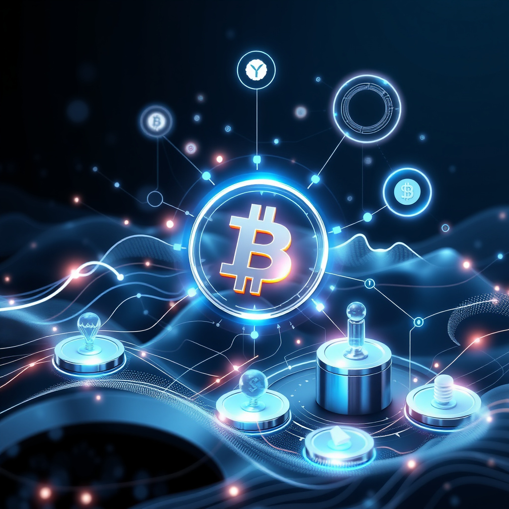 Digital cryptocurrency ecosystem visualization, silver and blue accents, modern abstract art, glo... (generated by AI)