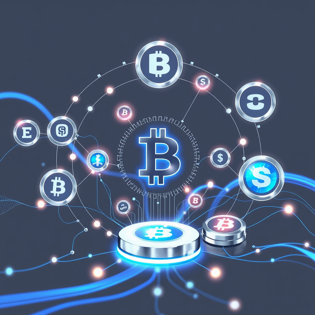 Digital cryptocurrency ecosystem visualization, silver and blue accents, modern abstract art, glo... (generated by AI)