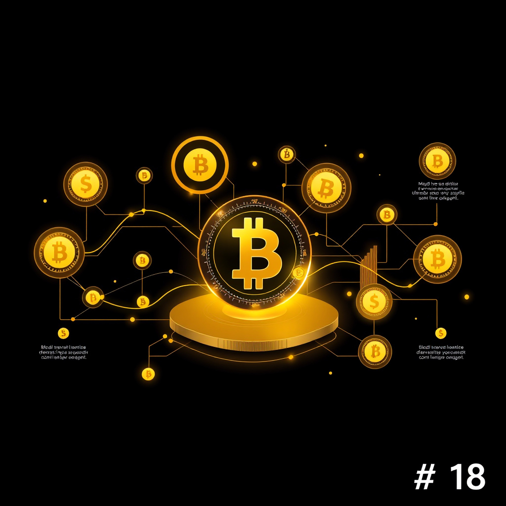 Digital cryptocurrency ecosystem visualization, gold and black theme, modern abstract art, glowin... (generated by AI)