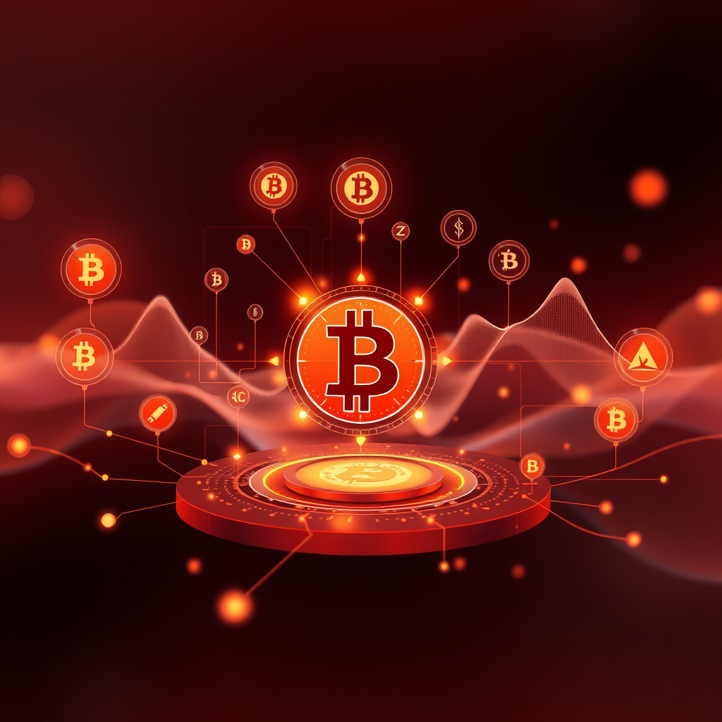 Digital cryptocurrency ecosystem visualization, amber and copper tones, modern abstract art, glow... (generated by AI)