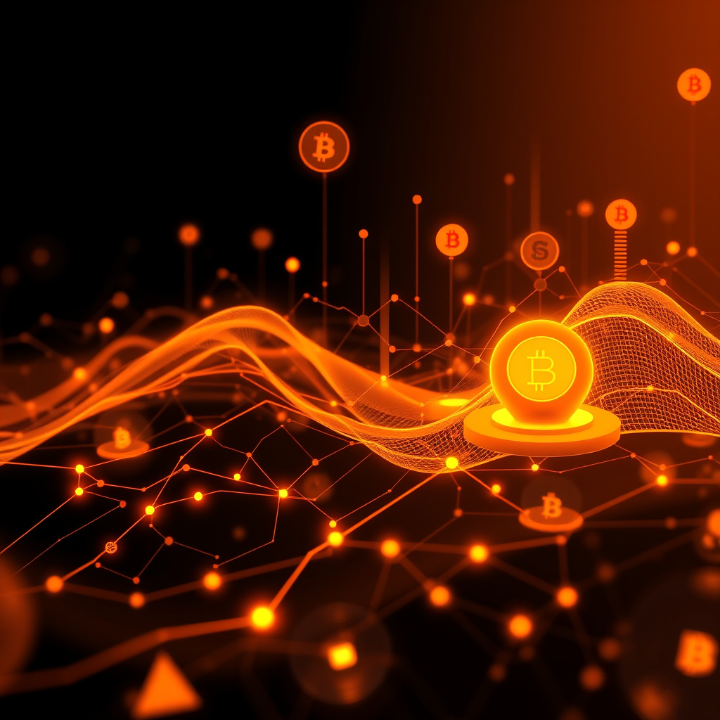 Digital cryptocurrency ecosystem visualization, amber and copper tones, modern abstract art, glow... (generated by AI)