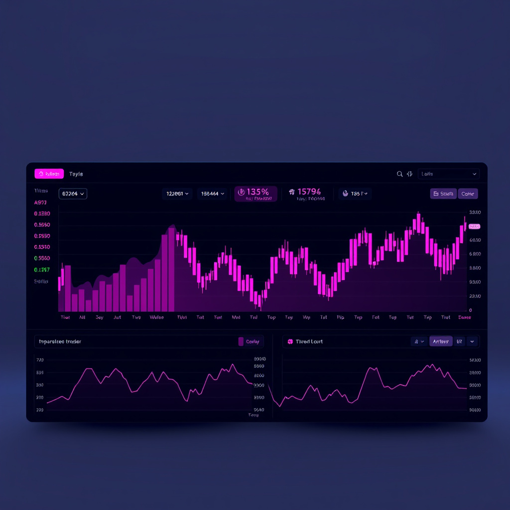 Digital trading dashboard visualization, pink and purple hues, glowing charts and graphs, modern ... (generated by AI)