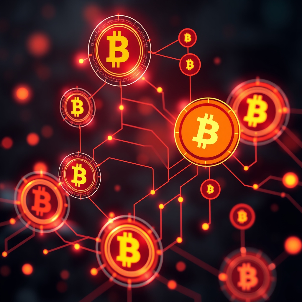 Digital cryptocurrency ecosystem visualization, orange and red highlights, modern abstract art, g... (generated by AI)