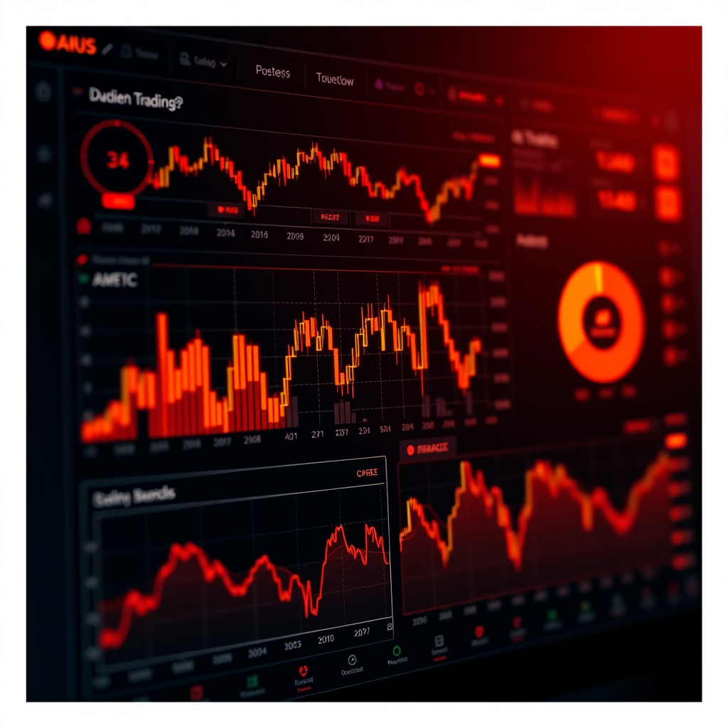 Digital trading dashboard visualization, orange and red highlights, glowing charts and graphs, mo... (generated by AI)