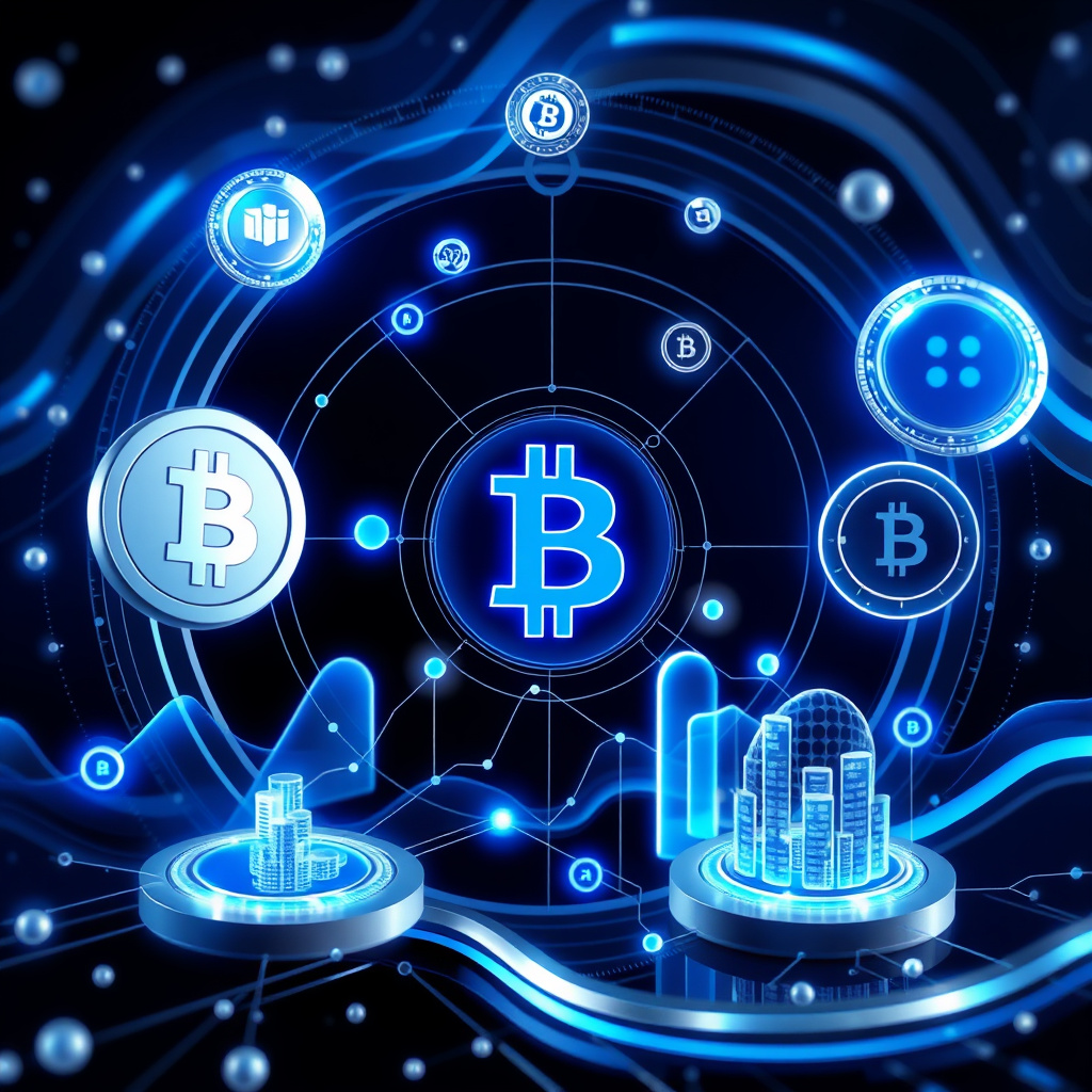 Digital cryptocurrency ecosystem visualization, silver and blue accents, modern abstract art, glo... (generated by AI)