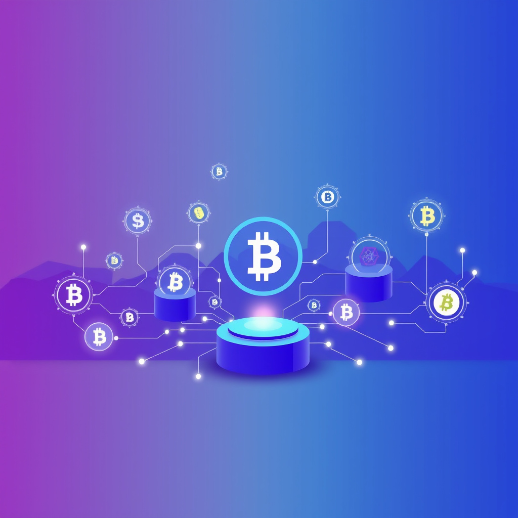 Digital cryptocurrency ecosystem visualization, blue and purple gradients, modern abstract art, g... (generated by AI)