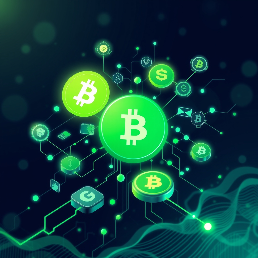 Digital cryptocurrency ecosystem visualization, green and cyan tones, modern abstract art, glowin... (generated by AI)