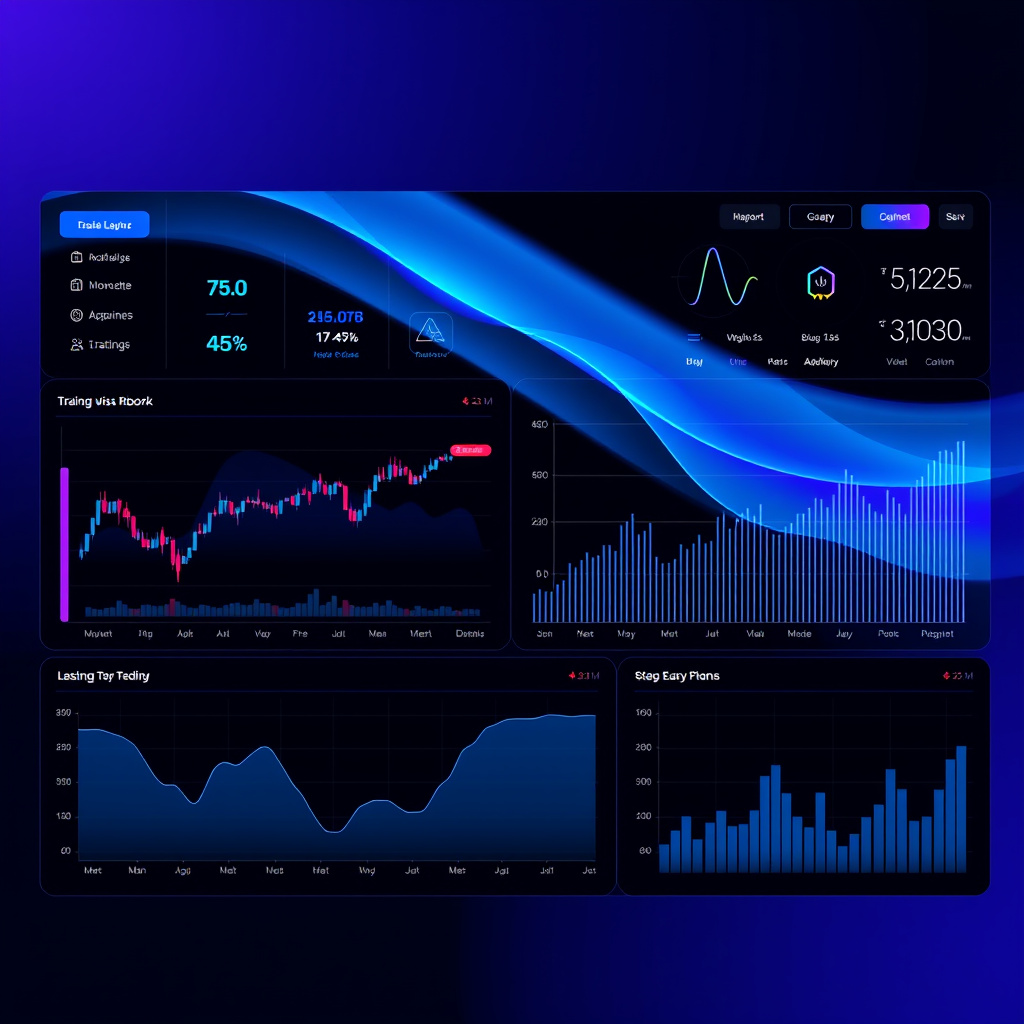 Digital trading dashboard visualization, blue and purple gradients, glowing charts and graphs, mo... (generated by AI)