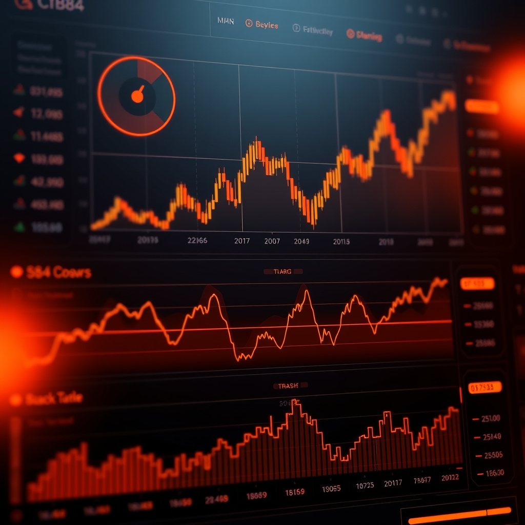 Digital trading dashboard visualization, amber and copper tones, glowing charts and graphs, moder... (generated by AI)