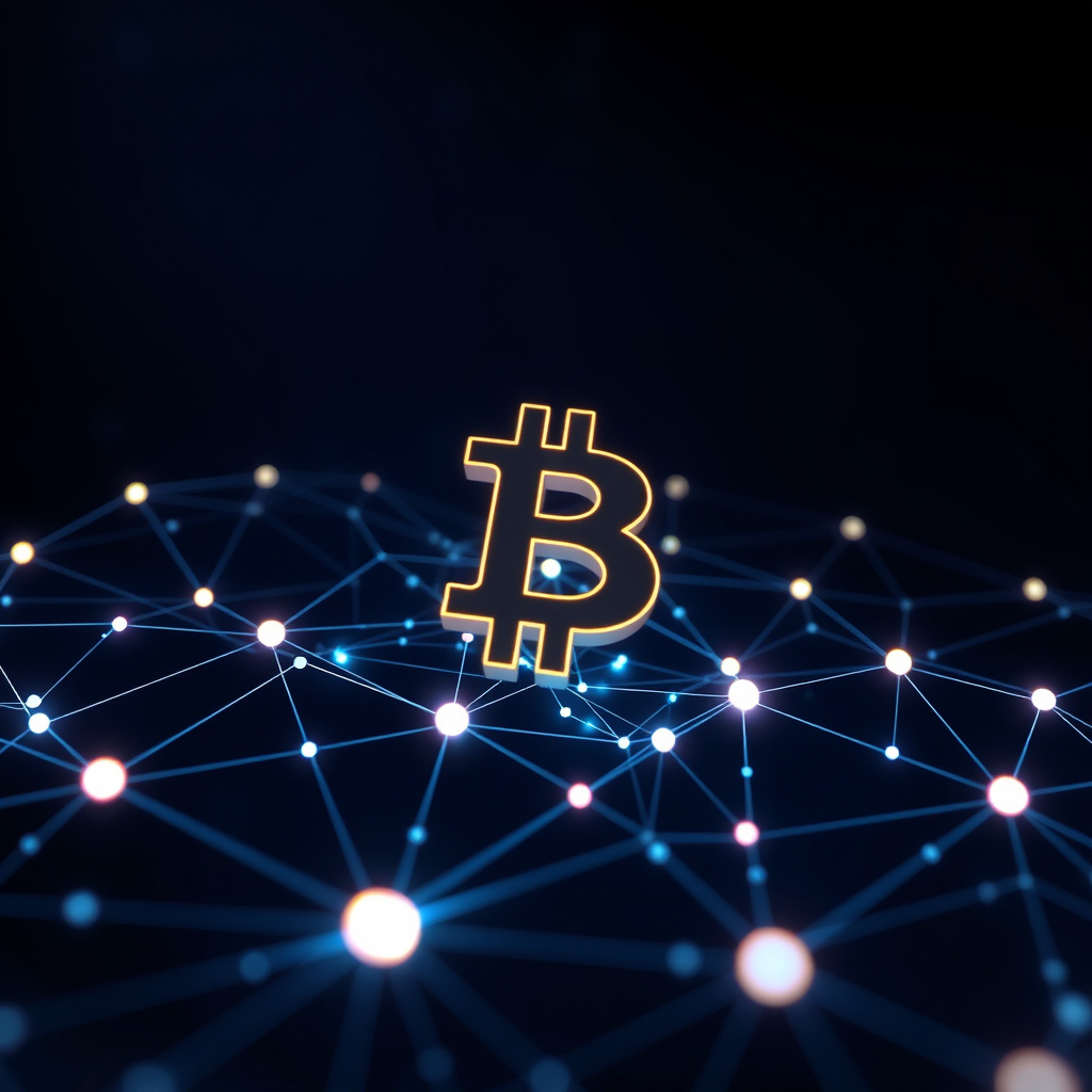 Blockchain network visualization, holographic effects, glowing digital connections, dark backgrou... (generated by AI)