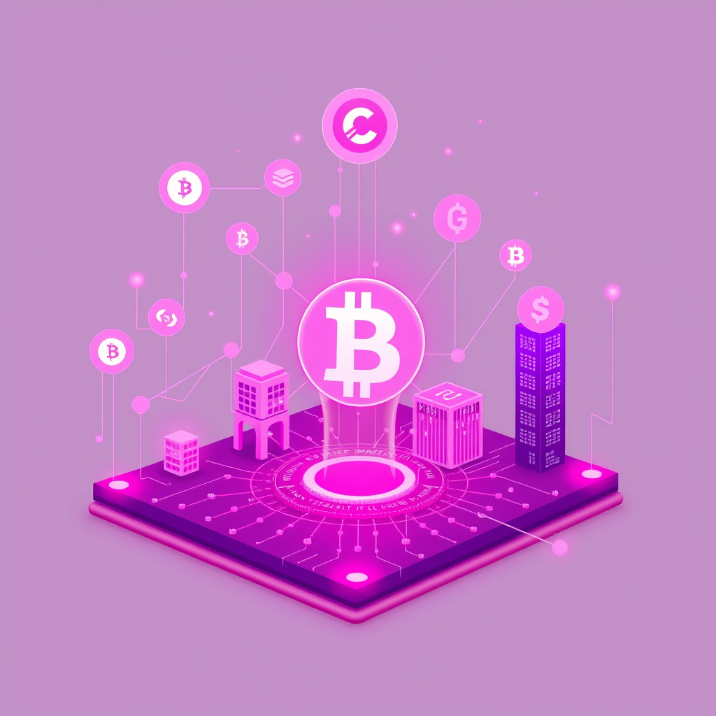 Digital cryptocurrency ecosystem visualization, pink and purple hues, modern abstract art, glowin... (generated by AI)