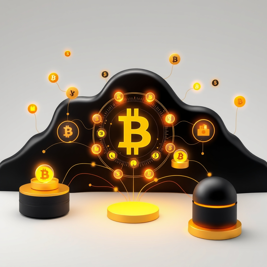 Digital cryptocurrency ecosystem visualization, gold and black theme, modern abstract art, glowin... (generated by AI)