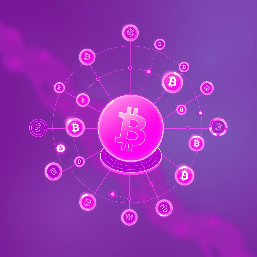 Digital cryptocurrency ecosystem visualization, pink and purple hues, modern abstract art, glowin... (generated by AI)