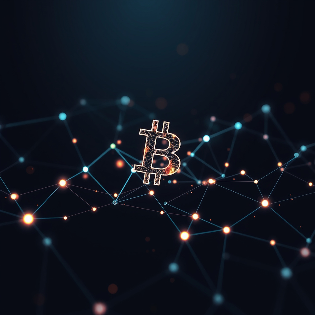 Blockchain network visualization, particle effects, glowing digital connections, dark background,... (generated by AI)