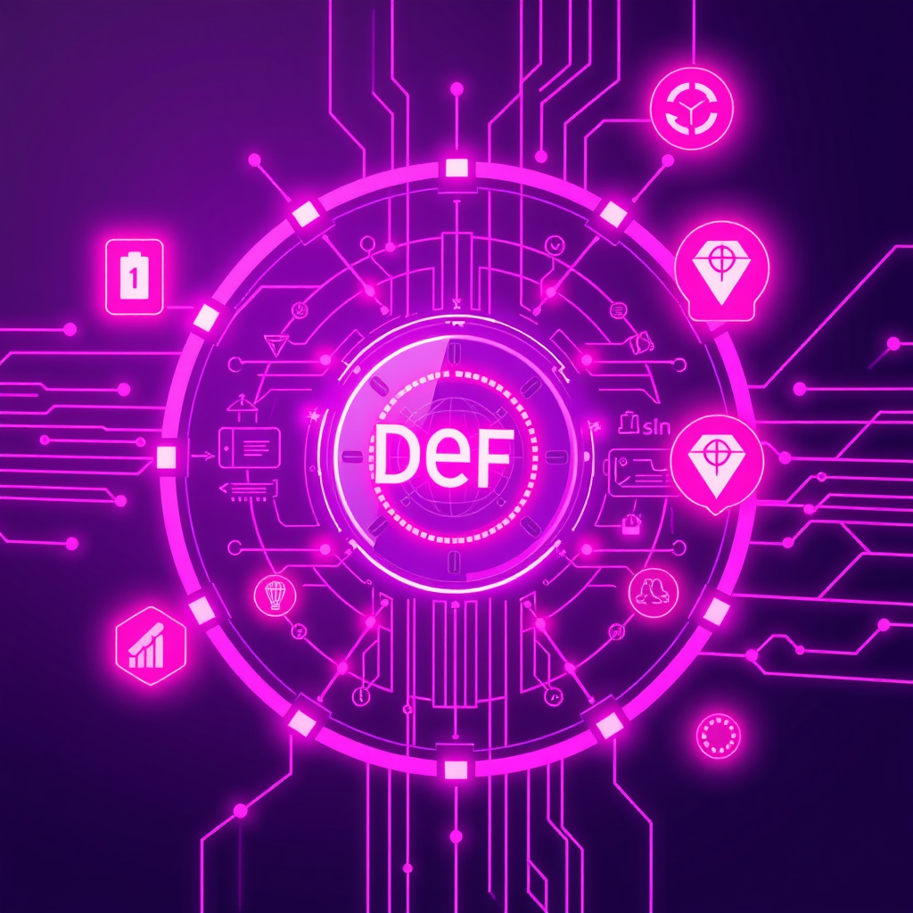 DeFi protocol visualization, pink and purple hues, digital vaults and yield symbols, glowing elem... (generated by AI)