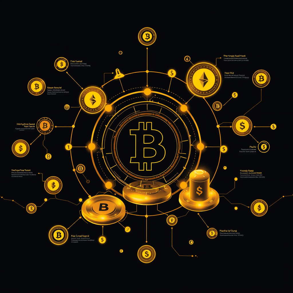 Digital cryptocurrency ecosystem visualization, gold and black theme, modern abstract art, glowin... (generated by AI)