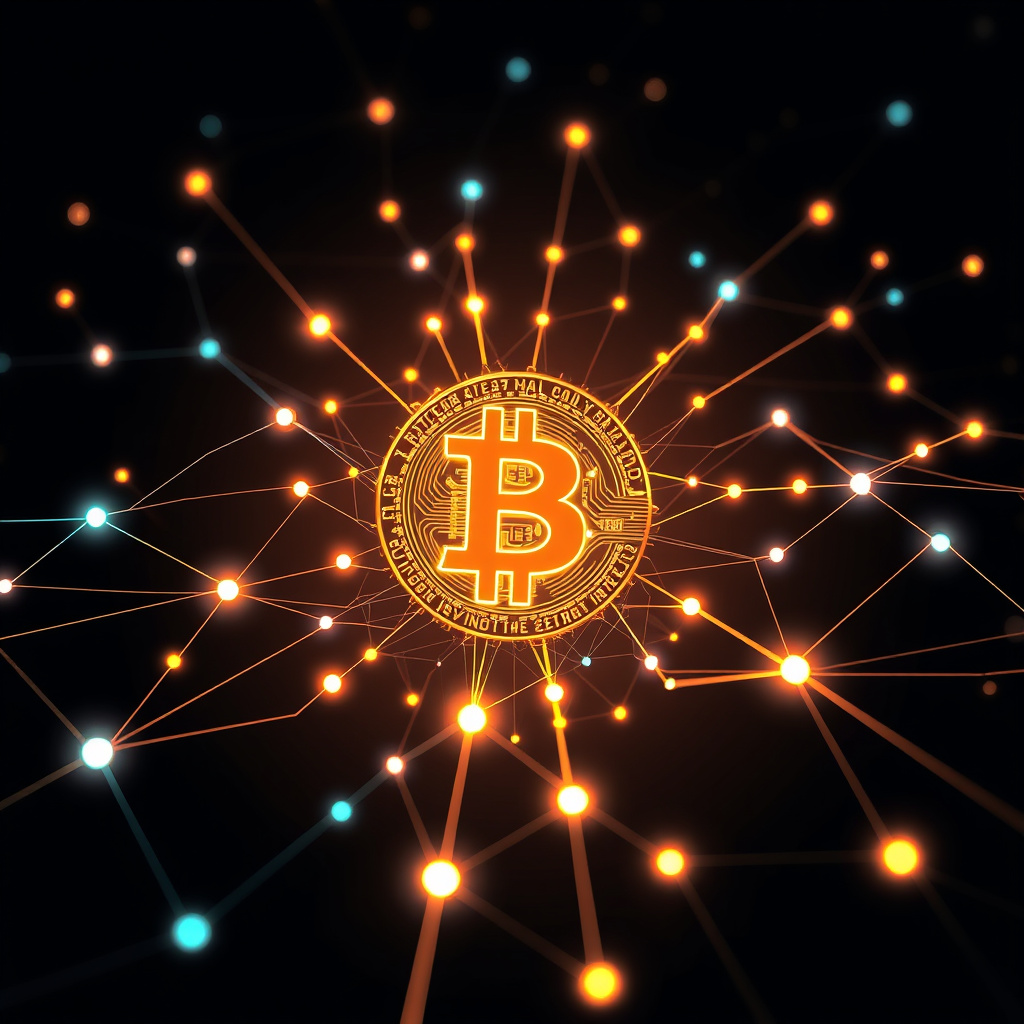 Blockchain network visualization, cyberpunk aesthetic, glowing digital connections, dark backgrou... (generated by AI)