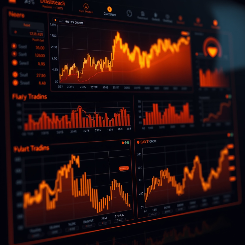 Digital trading dashboard visualization, amber and copper tones, glowing charts and graphs, moder... (generated by AI)