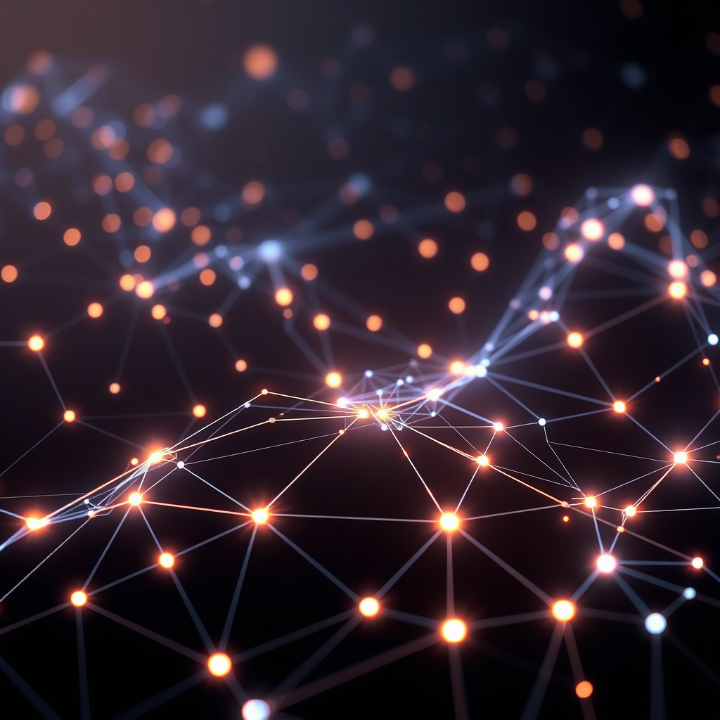 Blockchain network visualization, holographic effects, glowing digital connections, dark backgrou... (generated by AI)