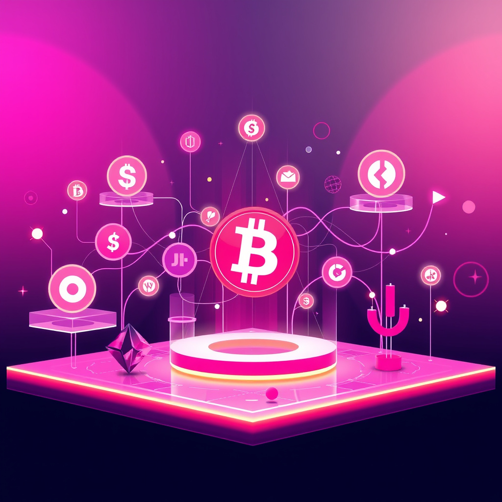 Digital cryptocurrency ecosystem visualization, pink and purple hues, modern abstract art, glowin... (generated by AI)