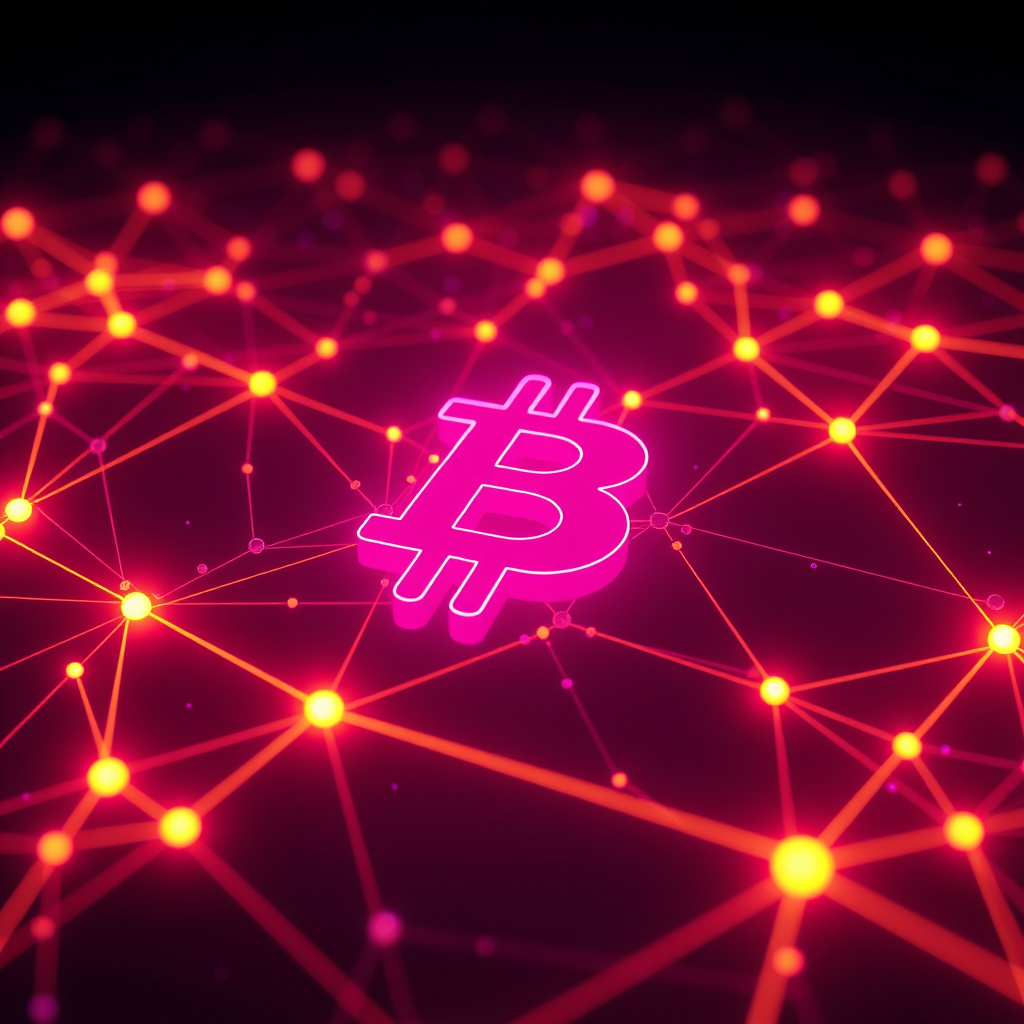 Blockchain network visualization, synthwave colors, glowing digital connections, dark background,... (generated by AI)