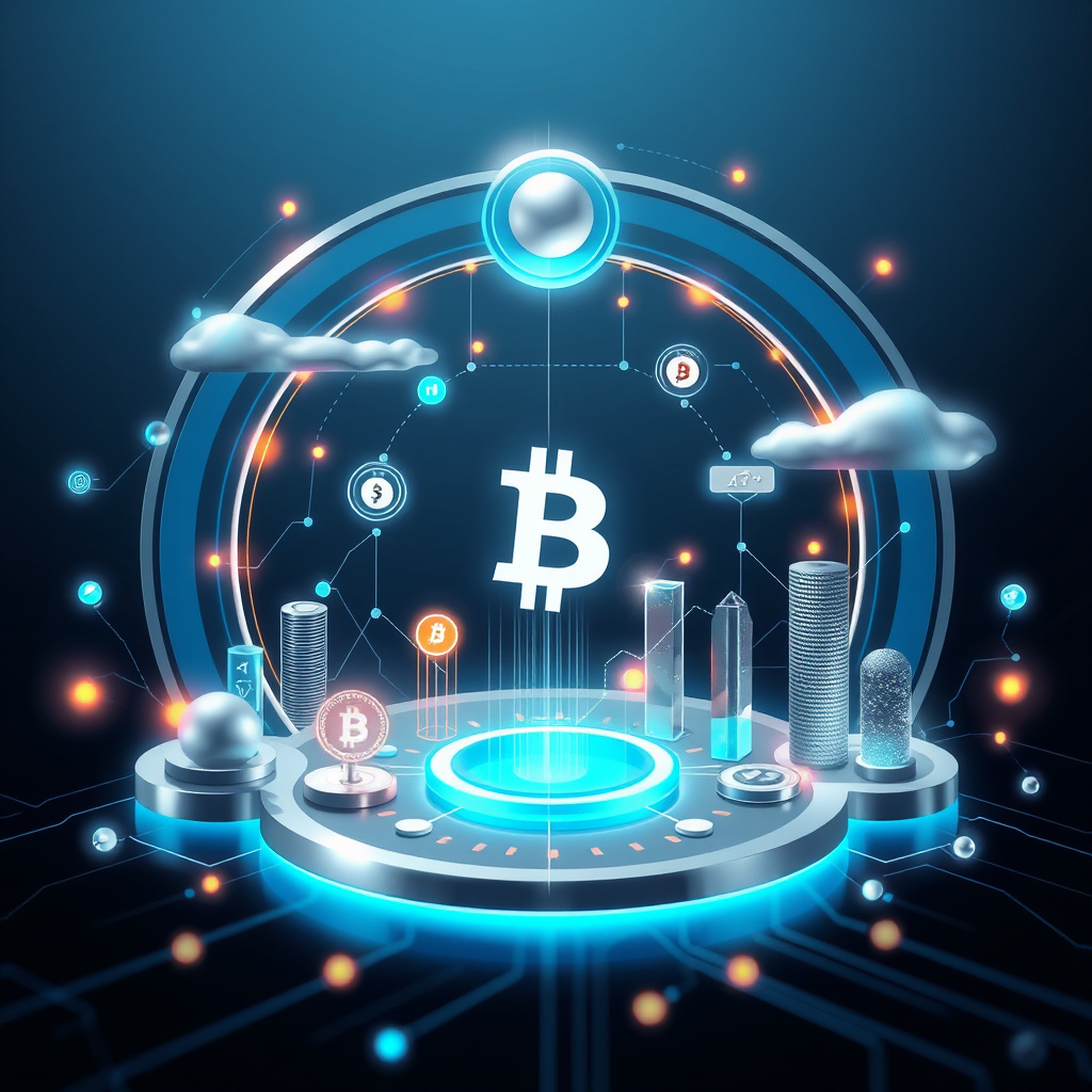 Digital cryptocurrency ecosystem visualization, silver and blue accents, modern abstract art, glo... (generated by AI)