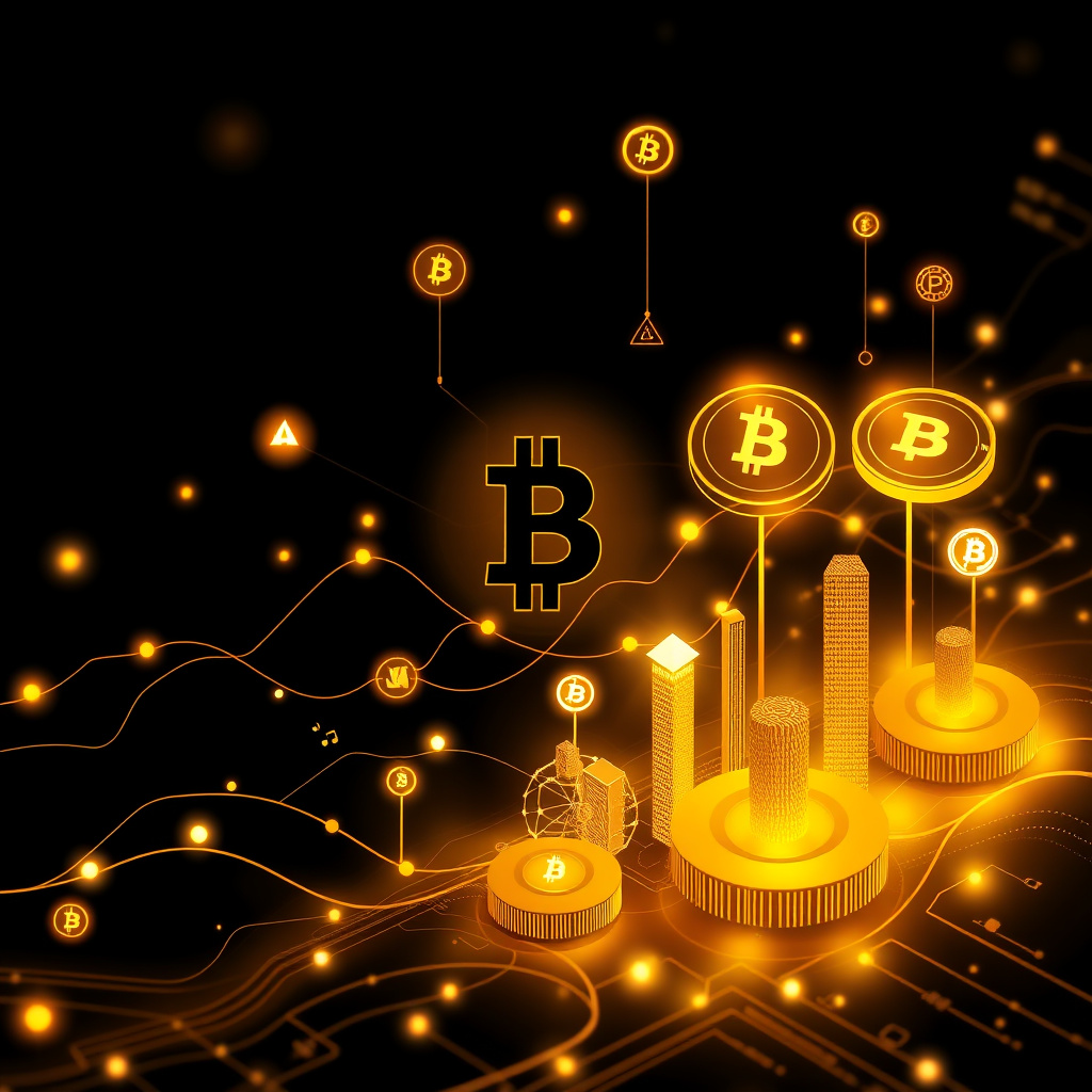 Digital cryptocurrency ecosystem visualization, gold and black theme, modern abstract art, glowin... (generated by AI)