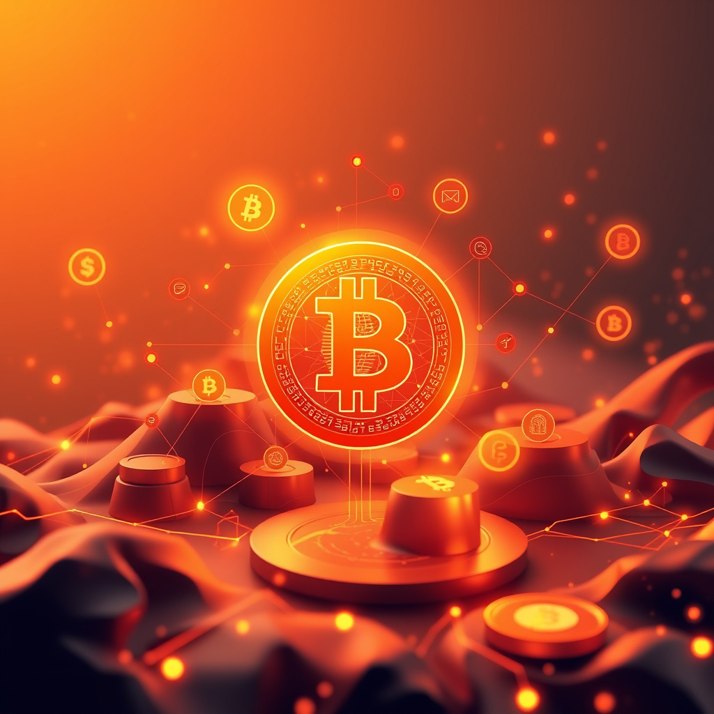 Digital cryptocurrency ecosystem visualization, amber and copper tones, modern abstract art, glow... (generated by AI)