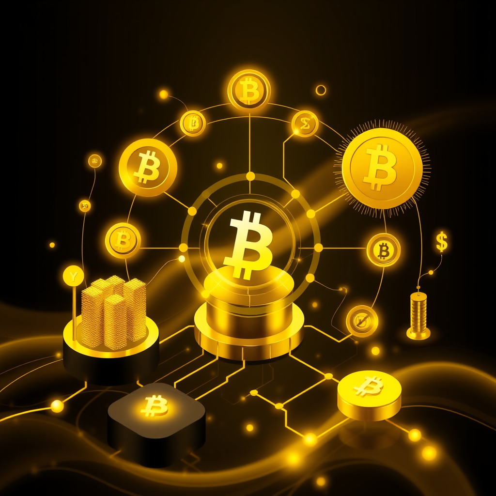 Digital cryptocurrency ecosystem visualization, gold and black theme, modern abstract art, glowin... (generated by AI)