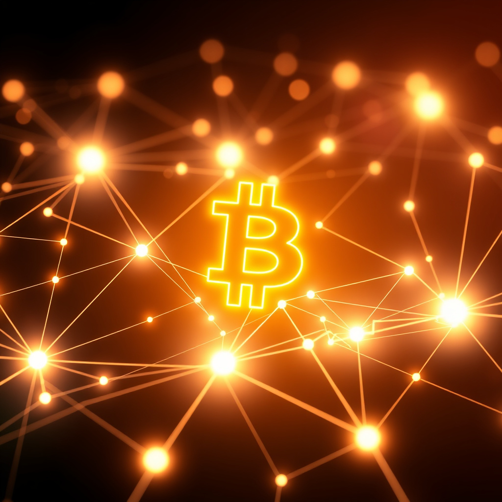 Blockchain network visualization, glowing gradients, glowing digital connections, dark background... (generated by AI)