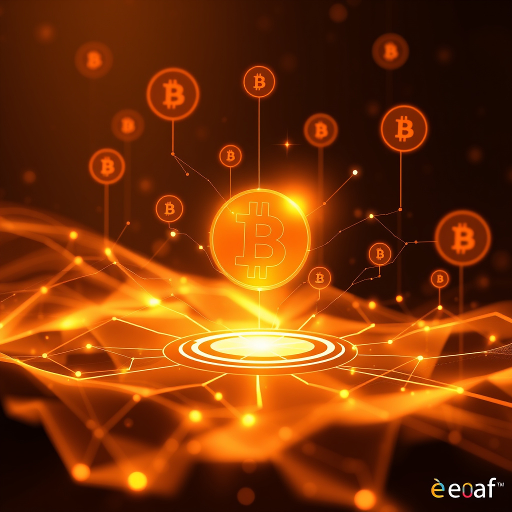 Digital cryptocurrency ecosystem visualization, amber and copper tones, modern abstract art, glow... (generated by AI)