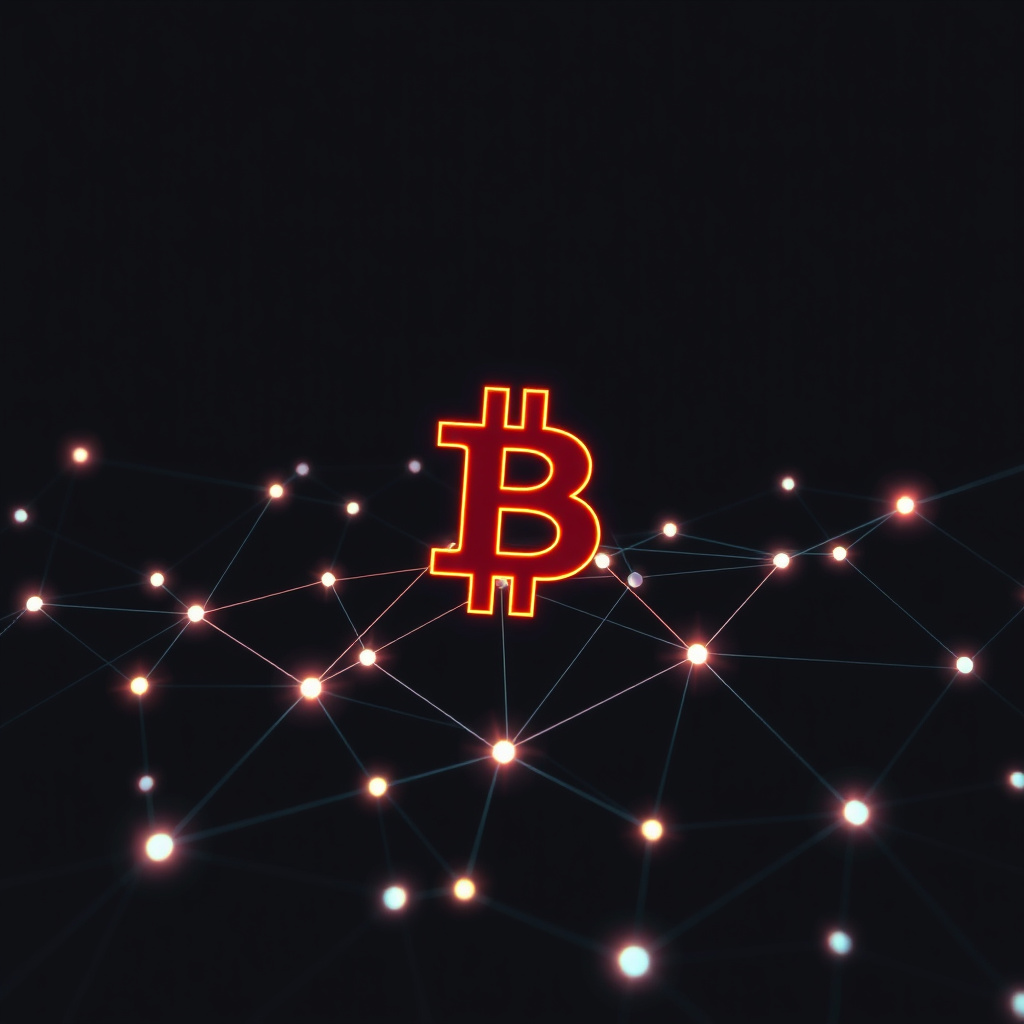 Blockchain network visualization, glowing gradients, glowing digital connections, dark background... (generated by AI)