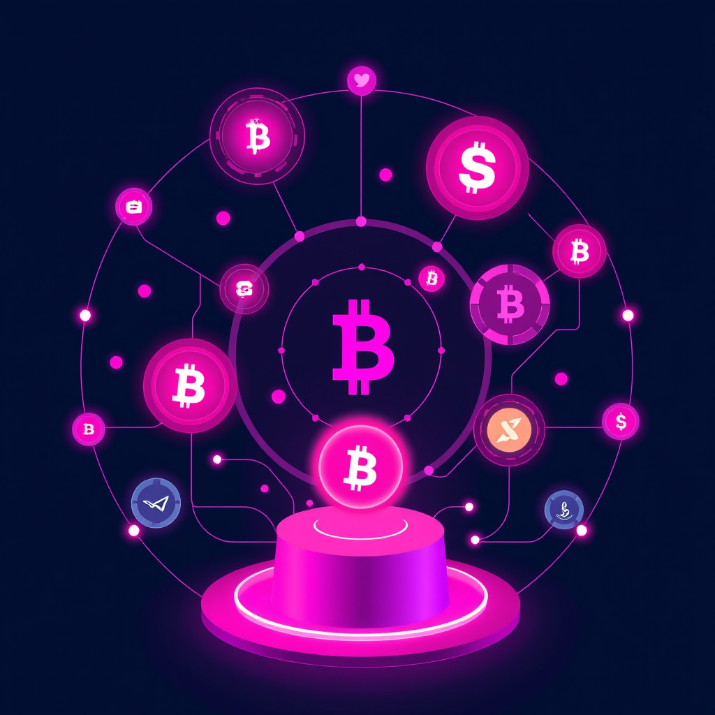Digital cryptocurrency ecosystem visualization, pink and purple hues, modern abstract art, glowin... (generated by AI)