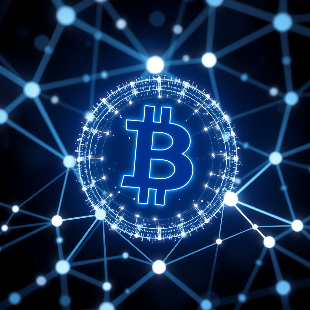 Blockchain network visualization, particle effects, glowing digital connections, dark background,... (generated by AI)