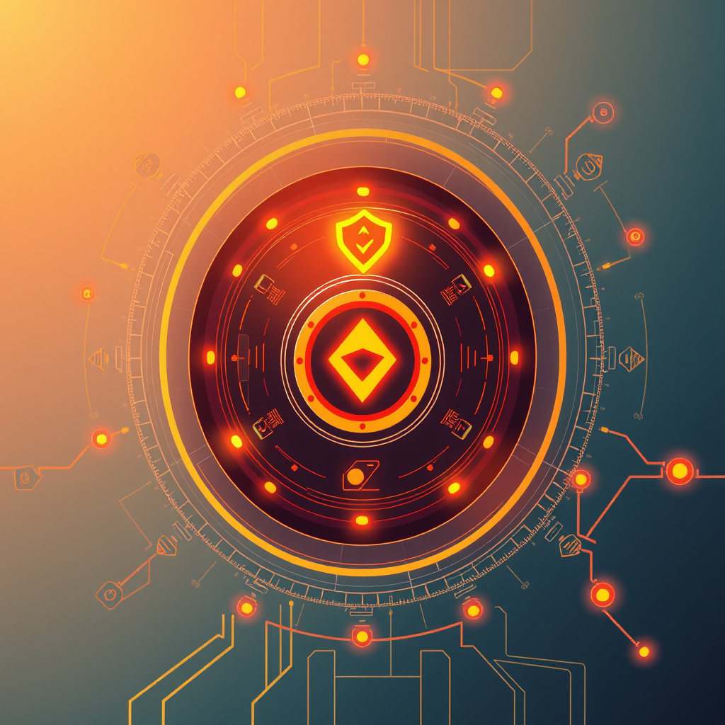 DeFi protocol visualization, amber and copper tones, digital vaults and yield symbols, glowing el... (generated by AI)