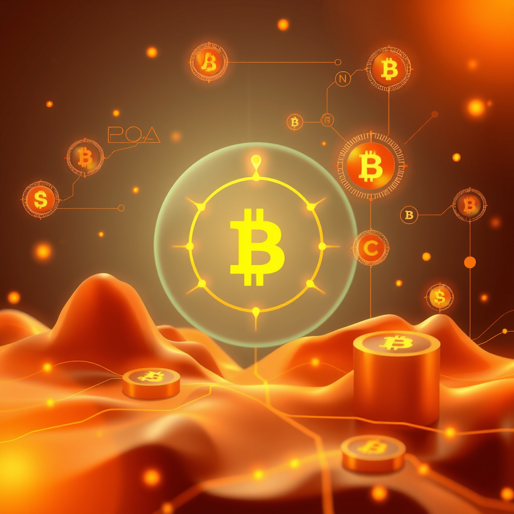 Digital cryptocurrency ecosystem visualization, amber and copper tones, modern abstract art, glow... (generated by AI)