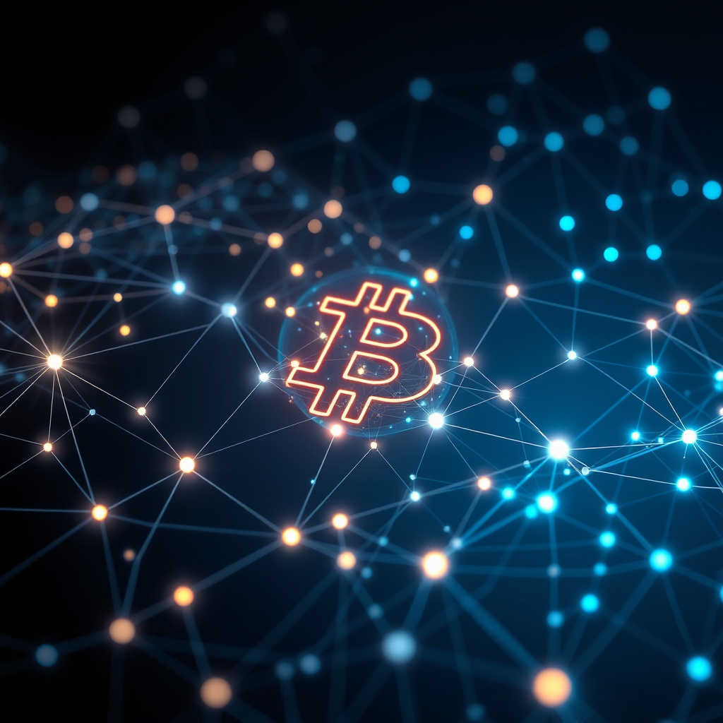 Blockchain network visualization, holographic effects, glowing digital connections, dark backgrou... (generated by AI)