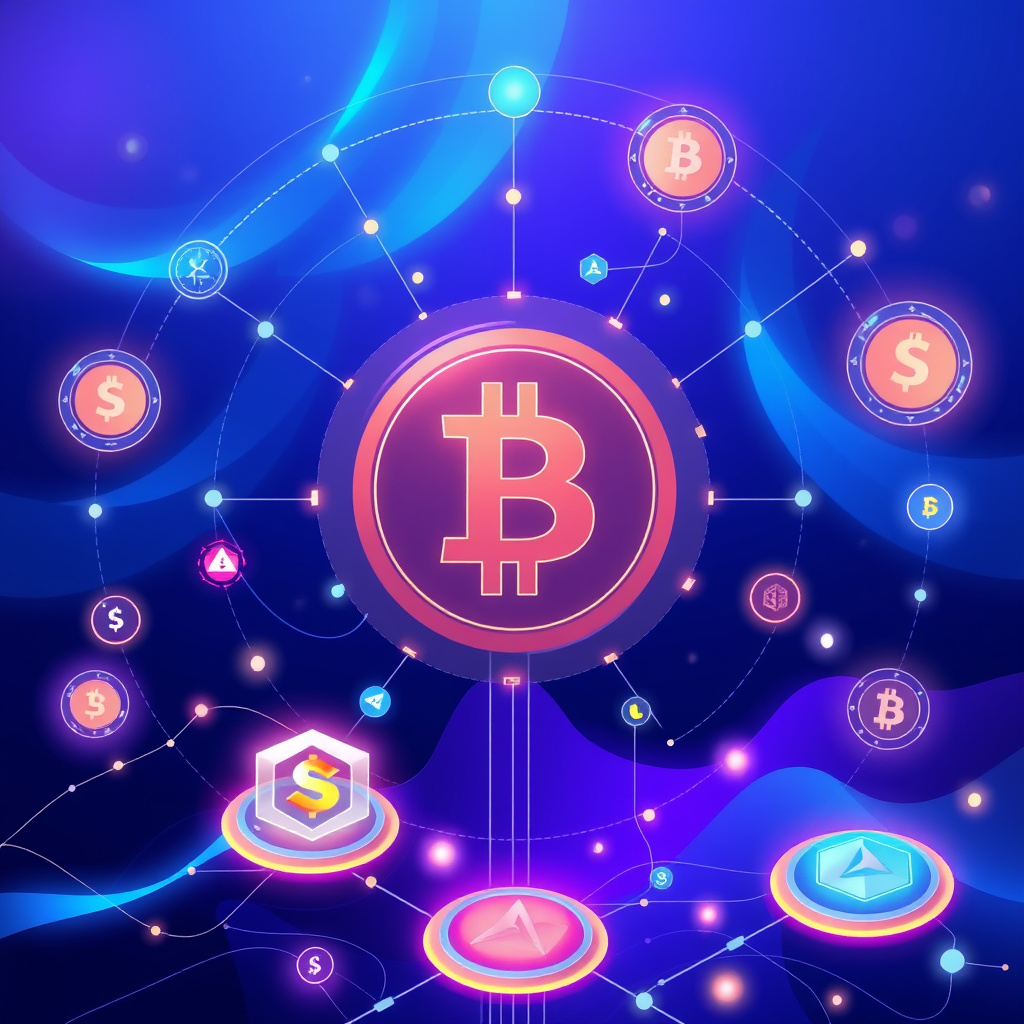 Digital cryptocurrency ecosystem visualization, blue and purple gradients, modern abstract art, g... (generated by AI)