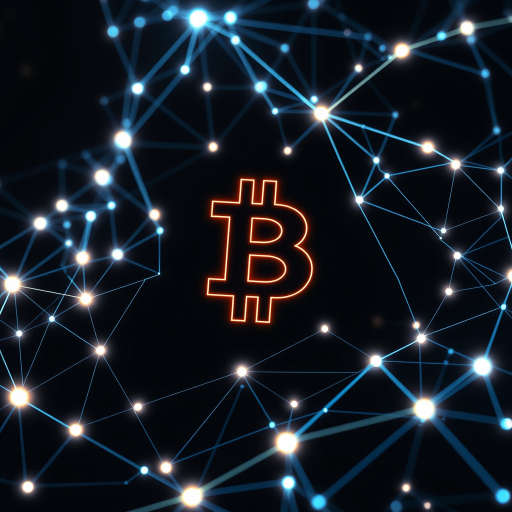 Blockchain network visualization, holographic effects, glowing digital connections, dark backgrou... (generated by AI)