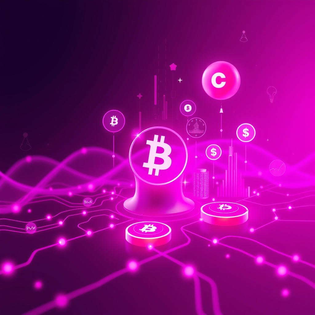 Digital cryptocurrency ecosystem visualization, pink and purple hues, modern abstract art, glowin... (generated by AI)
